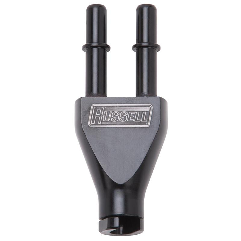 Russell Adapter Y-Block 3/8in Sae Quick Disconnect Female To 2X 3/8in Sae Qd Male Blk Anodized