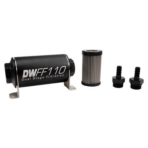 DeatschWerks Stainless Steel 3/8in 10 Micron Universal Inline Fuel Filter Housing Kit (110mm)