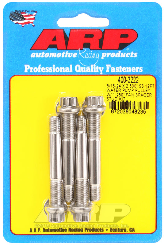 ARP 5/16-24 X 2.500 SS 12pt water pump pulley w/ 1.250in fan spacer stud kit