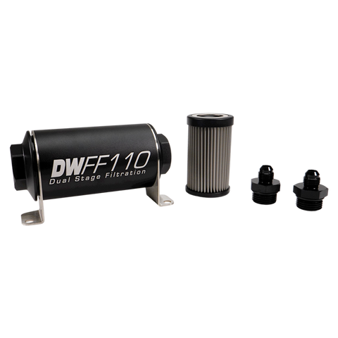 DeatschWerks Stainless Steel 6AN 10 Micron Universal Inline Fuel Filter Housing Kit (110mm)